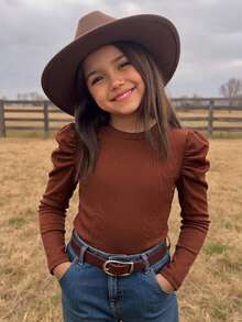 Emery Rose Kids Emery Rose Kids 女童純色圓領泡泡袖休閒T恤 - 咖啡棕 - 查看 1