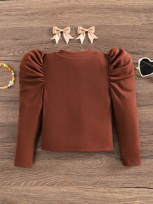 Emery Rose Kids Emery Rose Kids 女童純色圓領泡泡袖休閒T恤 - 咖啡棕 - 查看 7