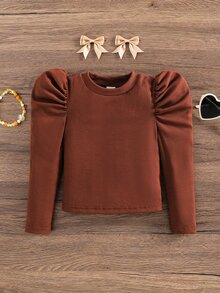 Emery Rose Kids Emery Rose Kids 女童純色圓領泡泡袖休閒T恤 - 咖啡棕 - 查看 6