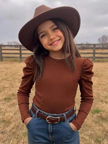Emery Rose Kids Emery Rose Kids 女童純色圓領泡泡袖休閒T恤 - 咖啡棕 - 查看 5