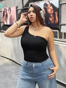 SHEIN EZwear Plus Size Women Black Ribbed One Shoulder Crop Top Stylish Asymmetrical Neck Tank Top For Summer - Black - View 7