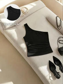 SHEIN EZwear Plus Size Women Black Ribbed One Shoulder Crop Top Stylish Asymmetrical Neck Tank Top For Summer - Black - View 12