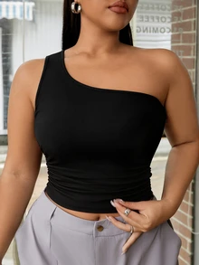 SHEIN EZwear Plus Size Women Black Ribbed One Shoulder Crop Top Stylish Asymmetrical Neck Tank Top For Summer - Black - View 11