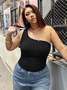 SHEIN EZwear Plus Size Women Black Ribbed One Shoulder Crop Top Stylish Asymmetrical Neck Tank Top For Summer - Black - View 10