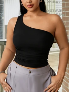 SHEIN EZwear Plus Size Women Black Ribbed One Shoulder Crop Top Stylish Asymmetrical Neck Tank Top For Summer - Black - View 2