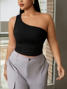 SHEIN EZwear Plus Size Women Black Ribbed One Shoulder Crop Top Stylish Asymmetrical Neck Tank Top For Summer - Black - View 13
