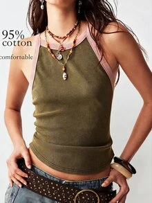 Bohemela Top ajustado de punto de parches casual para mujer - Verde militar - Ver 1