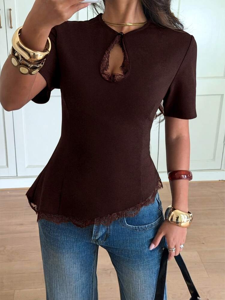 Siren Gaze Women's Lace Patchwork Hollow Out Casual Versatile Daily Wear Blouse - Coffee Brown - View 3