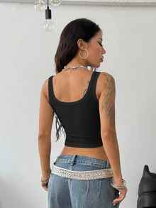 Coolane 97% Cotton Women's Summer Concert Rave Wear Music Festival Outing Renaissance Fair Nightclub Attire Sexy Y2K Ribbed Knit Black Cutout Neckline Cropped Top - Black - View 2