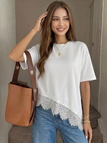 SHEIN Girlism 青少年女孩春夏季新款休閒簡約黑色純色針織圓領蕾絲飾邊拼接不對稱下擺寬鬆短袖T恤 - 彩色 - 查看 7