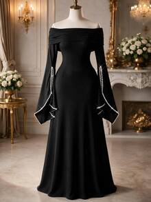 Rometta 優雅派對正式雞尾酒會度假風露肩收腰珍珠裝飾喇叭袖大尺碼女款洋裝 秋季黑色 - 黑色 - 查看 6