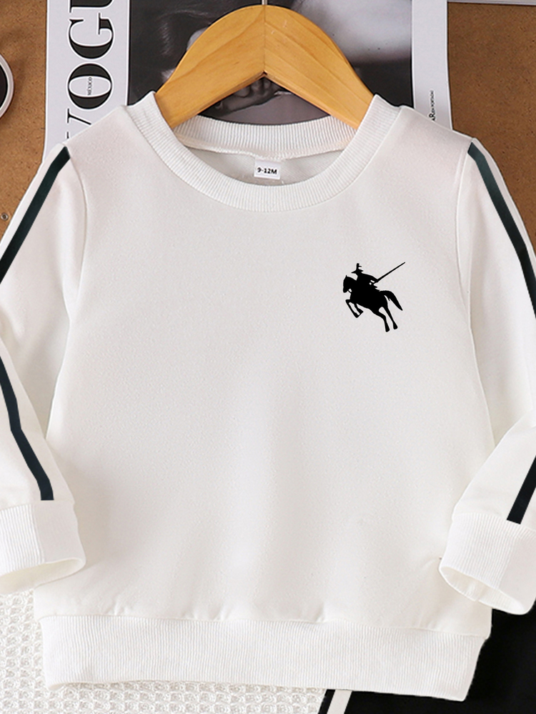 SHEIN 1 Set Baby Boy Cute Sweatshirt And Pants Set Crew Neck Long Sleeve Black And White Striped Tracksuit Outfits With Horse Logo Fall Winter Clothes - Multicolor - View 5