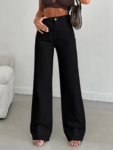SHEIN بنطلون جينز أسود بغسيل غامق، خصر عالي، بقصة منتظمة وأزرار أمامية، ستايل كاجوال أنيق بديل، مستقيم، للخروجات والعطلات والمناسبات الرسمية في الشتاء - الأسود - مشاهدة 7
