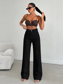 SHEIN بنطلون جينز أسود بغسيل غامق، خصر عالي، بقصة منتظمة وأزرار أمامية، ستايل كاجوال أنيق بديل، مستقيم، للخروجات والعطلات والمناسبات الرسمية في الشتاء - الأسود - مشاهدة 6