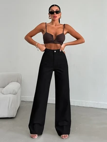 SHEIN بنطلون جينز أسود بغسيل غامق، خصر عالي، بقصة منتظمة وأزرار أمامية، ستايل كاجوال أنيق بديل، مستقيم، للخروجات والعطلات والمناسبات الرسمية في الشتاء - الأسود - مشاهدة 8