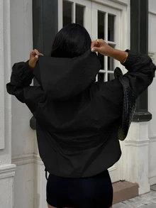 SHEIN EZwear 黑色连帽风衣夹克，落肩半透明梭织面料，四分之一拉链套头衫，女式连帽衫，秋季 - 黑色 - 查看 3