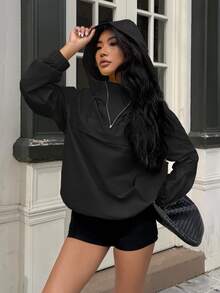 SHEIN EZwear 黑色连帽风衣夹克，落肩半透明梭织面料，四分之一拉链套头衫，女式连帽衫，秋季 - 黑色 - 查看 6
