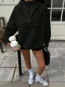 SHEIN EZwear 黑色连帽风衣夹克，落肩半透明梭织面料，四分之一拉链套头衫，女式连帽衫，秋季 - 黑色 - 查看 7