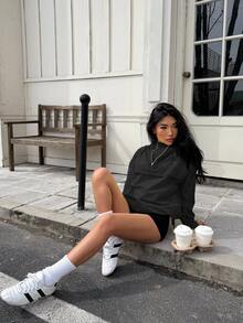 SHEIN EZwear 黑色连帽风衣夹克，落肩半透明梭织面料，四分之一拉链套头衫，女式连帽衫，秋季 - 黑色 - 查看 5