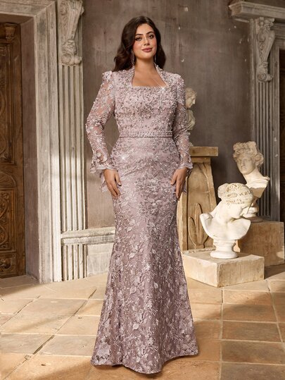 Aureia Plus Size Small Stand Collar Luxury Beaded Flare Sleeve Mermaid Tail Heavy Embellished Evening Gown