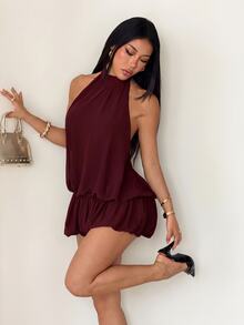SHEIN PETITE 女款立領無袖荷葉邊下擺寬鬆上衣 - 酒紅色 - 查看 7