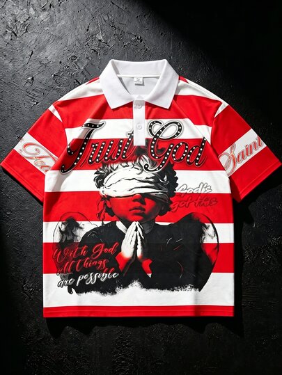 Street Life Camiseta polo de manga corta estilo universitario con estampado de letras y personajes, casual, streetwear americano, para adolescentes, primavera/verano