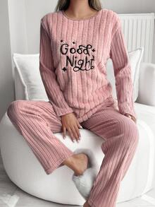 SHEIN Plus 2 Pcs Fuzzy Fabric With Letter Slogan Embroidery Detail Rib Knit Homewear Pajama Set Night Bridal Pink Lounge Dusty Pink - Dusty Pink - View 1