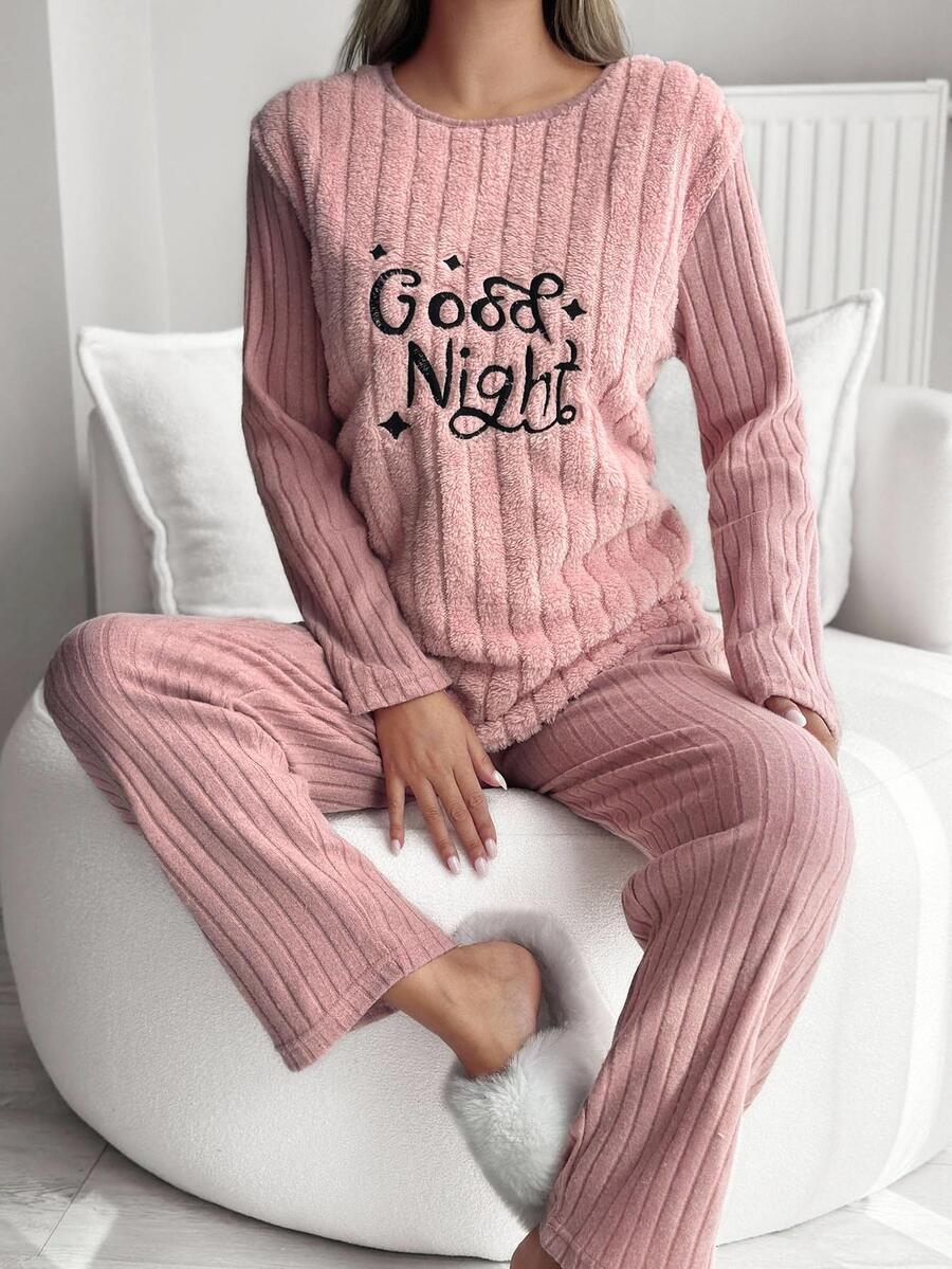 SHEIN Plus 2 Pcs Fuzzy Fabric With Letter Slogan Embroidery Detail Rib Knit Homewear Pajama Set Night Bridal Pink Lounge Dusty Pink - Dusty Pink - View 1