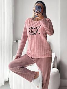 SHEIN Plus 2 Pcs Fuzzy Fabric With Letter Slogan Embroidery Detail Rib Knit Homewear Pajama Set Night Bridal Pink Lounge Dusty Pink - Dusty Pink - View 4