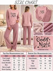 SHEIN Plus 2 Pcs Fuzzy Fabric With Letter Slogan Embroidery Detail Rib Knit Homewear Pajama Set Night Bridal Pink Lounge Dusty Pink - Dusty Pink - View 5