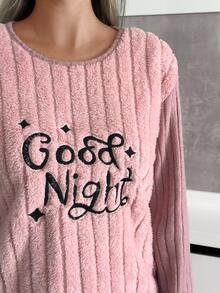 SHEIN Plus 2 Pcs Fuzzy Fabric With Letter Slogan Embroidery Detail Rib Knit Homewear Pajama Set Night Bridal Pink Lounge Dusty Pink - Dusty Pink - View 6