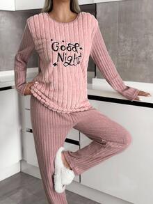 SHEIN Plus 2 Pcs Fuzzy Fabric With Letter Slogan Embroidery Detail Rib Knit Homewear Pajama Set Night Bridal Pink Lounge Dusty Pink - Dusty Pink - View 8