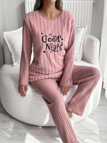 SHEIN Plus 2 Pcs Fuzzy Fabric With Letter Slogan Embroidery Detail Rib Knit Homewear Pajama Set Night Bridal Pink Lounge Dusty Pink - Dusty Pink - View 3