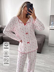 SHEIN Women's Contrast Trim Tiny Cute Cottagecore Bowknot Print Pajama Set Long Sleeve Rib Knit Shirt Long Pants Homewear Sleepwear Red And White - Red and White - View 8