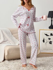 SHEIN Women's Contrast Trim Tiny Cute Cottagecore Bowknot Print Pajama Set Long Sleeve Rib Knit Shirt Long Pants Homewear Sleepwear Red And White - Red and White - View 4