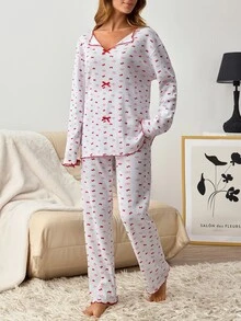 SHEIN Women's Contrast Trim Tiny Cute Cottagecore Bowknot Print Pajama Set Long Sleeve Rib Knit Shirt Long Pants Homewear Sleepwear Red And White - Red and White - View 3