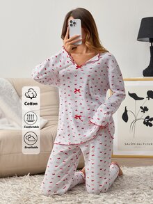 SHEIN Women's Contrast Trim Tiny Cute Cottagecore Bowknot Print Pajama Set Long Sleeve Rib Knit Shirt Long Pants Homewear Sleepwear Red And White - Red and White - View 7