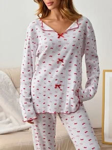 SHEIN Women's Contrast Trim Tiny Cute Cottagecore Bowknot Print Pajama Set Long Sleeve Rib Knit Shirt Long Pants Homewear Sleepwear Red And White - Red and White - View 9