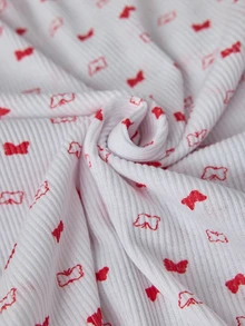 SHEIN Women's Contrast Trim Tiny Cute Cottagecore Bowknot Print Pajama Set Long Sleeve Rib Knit Shirt Long Pants Homewear Sleepwear Red And White - Red and White - View 6