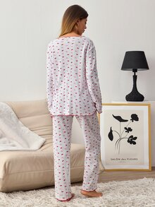 SHEIN Women's Contrast Trim Tiny Cute Cottagecore Bowknot Print Pajama Set Long Sleeve Rib Knit Shirt Long Pants Homewear Sleepwear Red And White - Red and White - View 2
