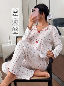 SHEIN Women's Contrast Trim Tiny Cute Cottagecore Bowknot Print Pajama Set Long Sleeve Rib Knit Shirt Long Pants Homewear Sleepwear Red And White - Red and White - View 1