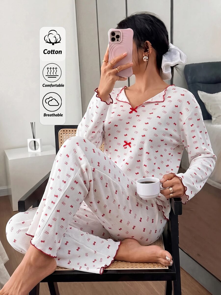 SHEIN Women's Contrast Trim Tiny Cute Cottagecore Bowknot Print Pajama Set Long Sleeve Rib Knit Shirt Long Pants Homewear Sleepwear Red And White - Red and White - View 1