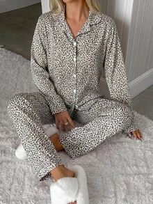 SHEIN Black And White Leopard Print Button Front Long Sleeve Lapel Collar Shirt Pants Pajama Set Sleep Home Casual - Brown - View 9