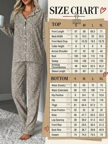SHEIN Black And White Leopard Print Button Front Long Sleeve Lapel Collar Shirt Pants Pajama Set Sleep Home Casual - Brown - View 6