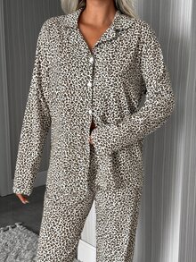 SHEIN Black And White Leopard Print Button Front Long Sleeve Lapel Collar Shirt Pants Pajama Set Sleep Home Casual - Brown - View 10