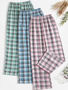 SHEIN Women Cotton 3pcs Multicolour Plaid Pattern Long Pants Homewear Comfort Lounge Sleep Bottom Set - Multicolor - View 1