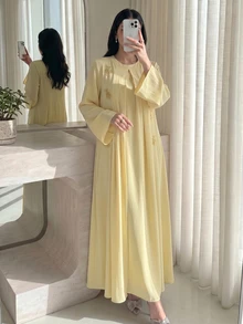 Al Najma عباية نسائية من قطعتين للربيع والخريف باللون الأصفر الفاتح، بياقة دائرية وتطريز ذهبي وأكمام واسعة، رداء خارجي محتشم للزيارات والخروجات والحفلات - أصفر - مشاهدة 3