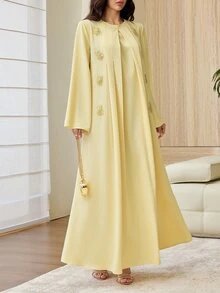 Al Najma عباية نسائية من قطعتين للربيع والخريف باللون الأصفر الفاتح، بياقة دائرية وتطريز ذهبي وأكمام واسعة، رداء خارجي محتشم للزيارات والخروجات والحفلات - أصفر - مشاهدة 4