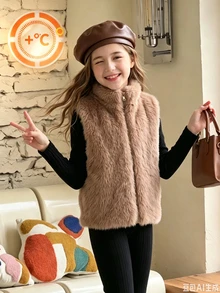 SHEIN 青少年女孩3件套，灰褐色立領無袖背心外套、黑色羅紋針織上衣、喇叭褲，休閒秋季萬聖節聖誕節穿搭 - 黑色 - 查看 4