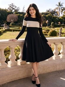 SHEIN ChillGRL 青少年女孩黑色與杏色圓領長袖羅紋收腰喇叭裙修身短洋裝，秋冬穿搭，萬聖節節慶造型 - 彩色 - 查看 3